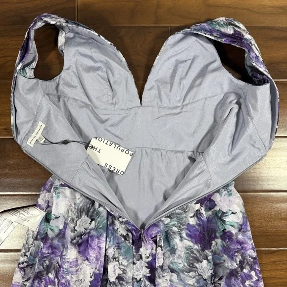 Dress the Population Size Small Purple Floral Print Chiffon Jaclyn Maxi  Dress